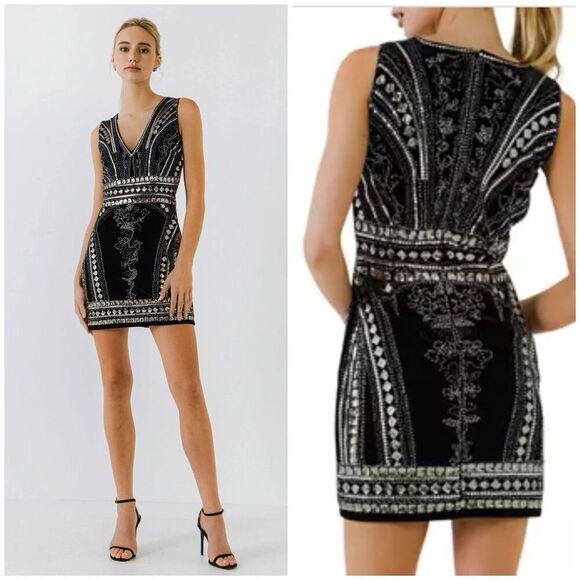 Endless Rose Embellished Velvet Black Mini Dress Formal Small Party Cocktail New - Picture 1 of 12